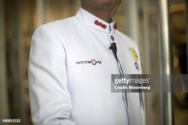 The CentralWorld logo is seen on a security guard's uniform at the shopping mall, operated by Central Pattana Pcl , in Bangkok, Thailand, on...