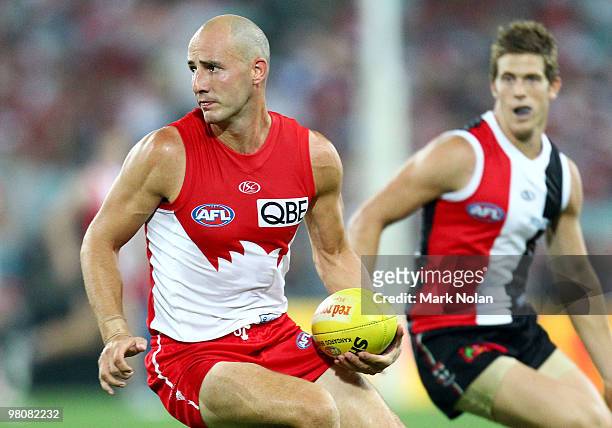 Tadhg Kennelly of the Swans in action during the round one AFL match between the Sydney Swans and the St Kilda Saints at ANZ Stadium on March 27,...