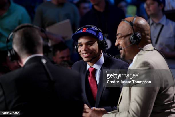 Miles Bridges talks with media after being selected twelfth overall by the LA Clippers during the 2018 NBA Draft on June 21, 2018 at Barclays Center...