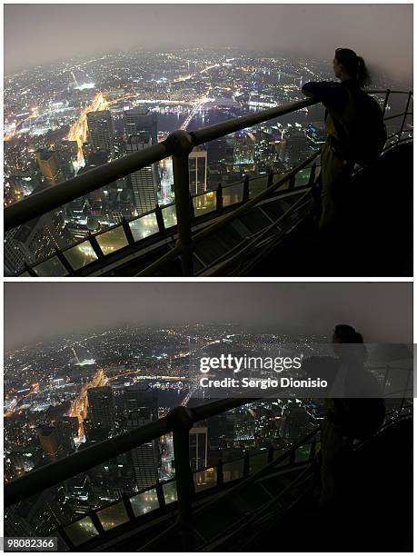 In this composite image, a tourist looks out over Sydney's city skyline from Sydney Tower before and after as lights are switched off for Earth Hour...