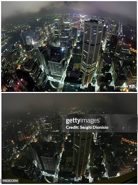 In this composite image, Sydney's city skyline is seen from Sydney Tower before and after as lights are switched off for Earth Hour on March 27, 2010...