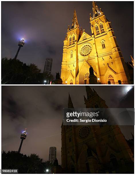 In this composite image, St Mary's Cathedral is seen against the back drop of Sydney Tower before and after as lights are switched off for Earth Hour...