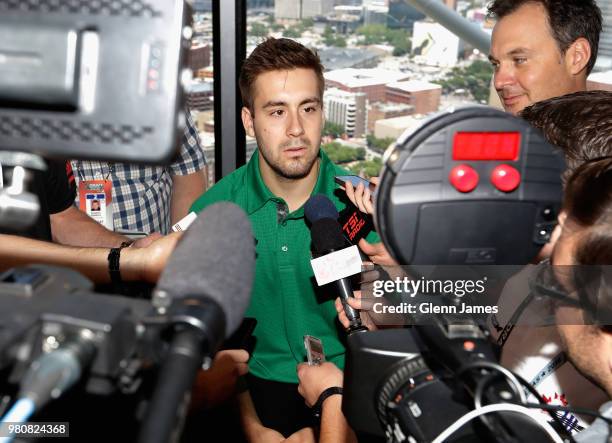 Top draft prospect Evan Bouchard attends the Top Prospects Media Availability as part of the 2018 NHL Entry Draft at the Reunion Tower on June 21,...