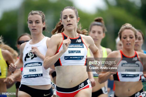 Jenny Simpson competes in the opening round of the Women 1500 Meter Run at the 2018 USATF Outdoor Championships at Drake Stadium on June 21, 2018 in...