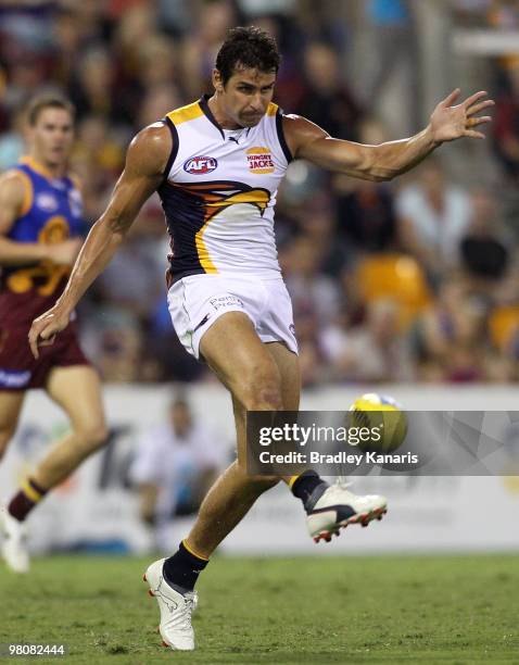 Andrew Embley of the Eagles kicks the ball during the round one AFL match between the Brisbane Lions and the West Coast Eagles at The Gabba on March...