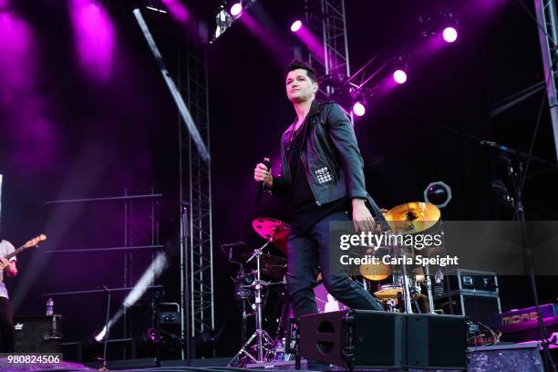 The Script's Danny O'Donoghue performs live on stage at Scarborough Open Air Theatre on June 21, 2018 in Scarborough, England.