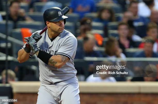 Gary Sanchez of the New York Yankees in action against the New York Mets during a game at Citi Field on June 8, 2018 in the Flushing neighborhood of...