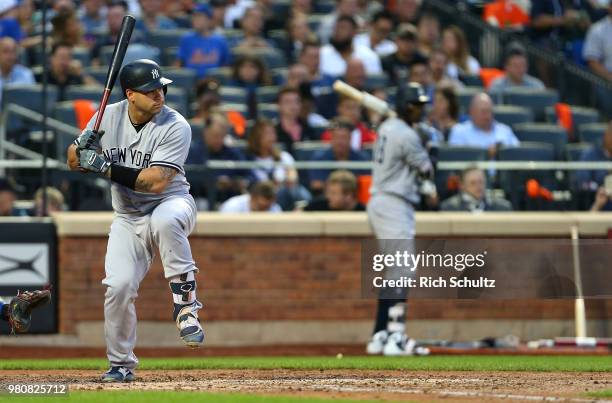 Gary Sanchez of the New York Yankees in action against the New York Mets during a game at Citi Field on June 8, 2018 in the Flushing neighborhood of...