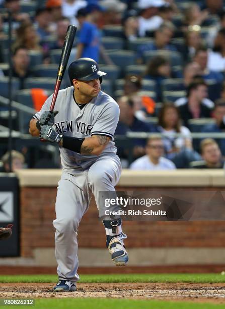 Gary Sanchez of the New York Yankees in action against the New York Mets during a game at Citi Field on June 8, 2018 in the Flushing neighborhood of...