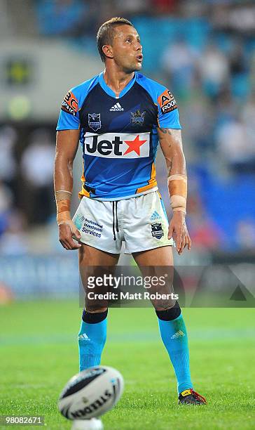 Scott Prince of the Titans looks to the uprights during the round three NRL match between the Gold Coast Titans and the Canberra Raiders at Skilled...