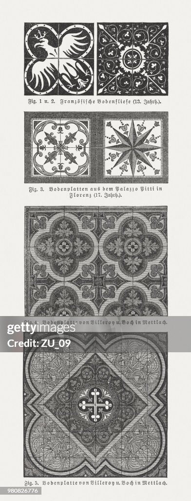 Historic floor tiles, wood engravings, published in 1897