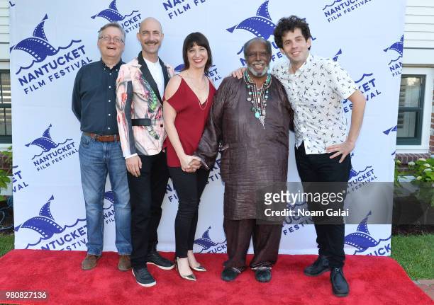 Steve Young, Cecil Baldwin, Ophira Eisenberg, Francois Clemmons and Julian Velard attend 'NPR's Ask Me Another Taping' at the 2018 Nantucket Film...