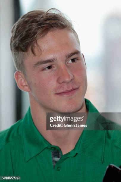 Top draft prospect Andrei Svechnikov attends the Top Prospects Media Availability as part of the 2018 NHL Entry Draft at the Reunion Tower on June...
