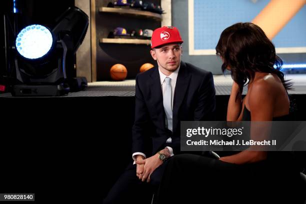 Luka Doncic talks to the media after being selected number third overall by the Atlanta Hawks on June 21, 2018 at Barclays Center during the 2018 NBA...