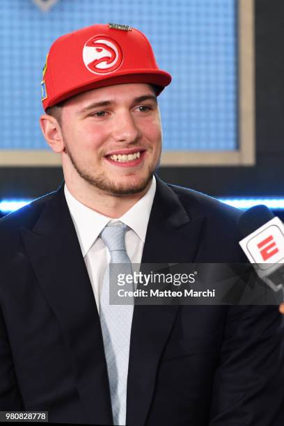 Luka Doncic is interviewed after being selected number three overall during the 2018 2018 NBA Draft on June 21, 2018 in Brooklyn, NY. NOTE TO USER:...