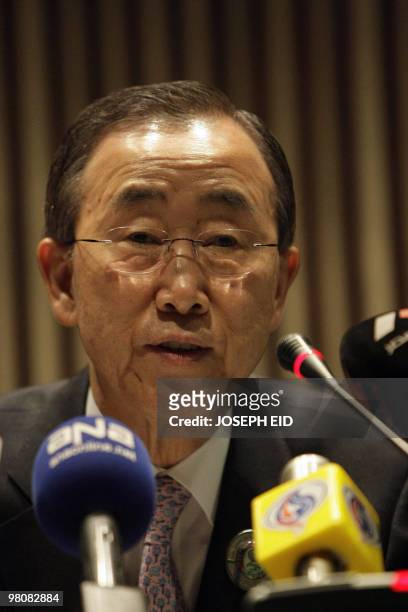 Secretary General Ban Ki-Moon speaks at a press conference on the sidelines of the Arab Summit on March 27 in the Libyan city of Sirte. The UN chief...