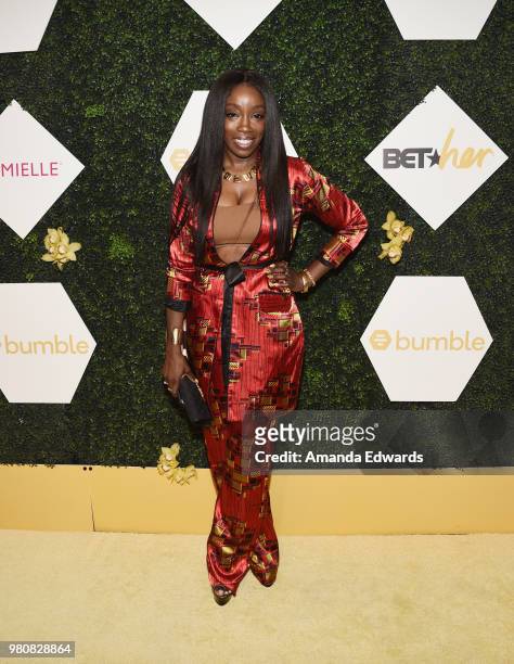 Singer Estelle arrives at the BET Her Awards Presented By Bumble at The Conga Room at L.A. Live on June 21, 2018 in Los Angeles, California.