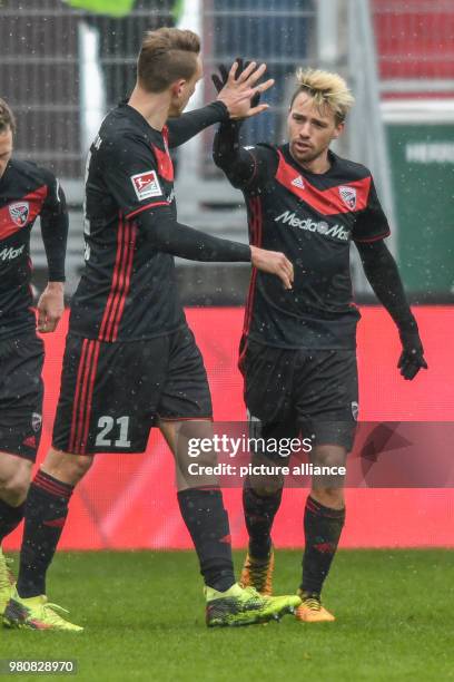 March 2018, Germany, Ingolstadt: Football 2nd Bundesliga, FC Ingolstadt 04 vs Dynamo Dresden at the Audi Sportpark. Tobias Schroeck of Ingolstadt...