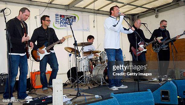 Graeme Swann and his band perform during the NatWest CricketForce at Gedling Colliery Cricket Club on March 27, 2010 in Nottingham, England. 85,000...