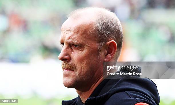 Thomas Schaaf, head coach of Bremen looks on prior to the Bundesliga match between Werder Bremen and 1. FC Nuernberg at the Weser Stadium on March...