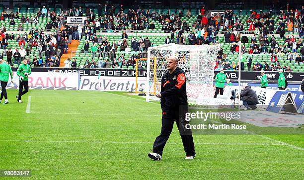 Thomas Schaaf, head coach of Bremen enters the pitch prior to the Bundesliga match between Werder Bremen and 1. FC Nuernberg at the Weser Stadium on...