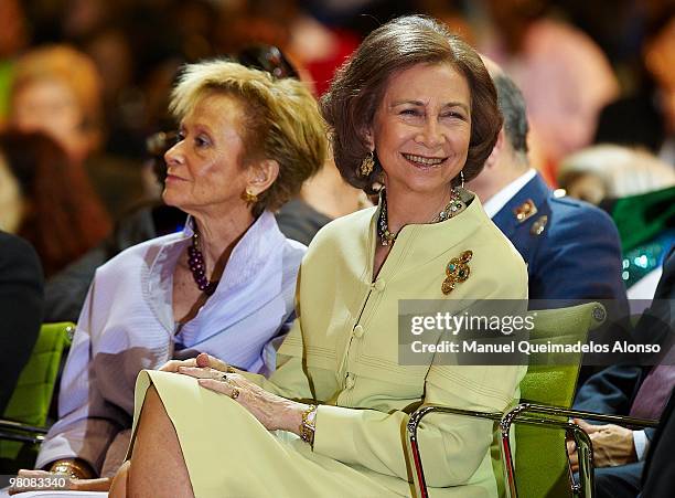 Queen Sofia of Spain and Spanish Vice President Maria Teresa Fernandez de la Vega attend the opening of the two-day conference on 'Spanish and...