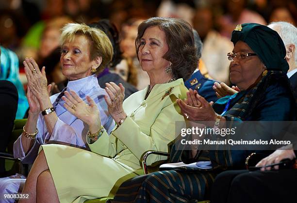 Queen Sofia of Spain, Spanish Vice President Maria Teresa Fernandez de la Vega and Liberian President Ellen Johnson-Sirleaf attend the opening of the...