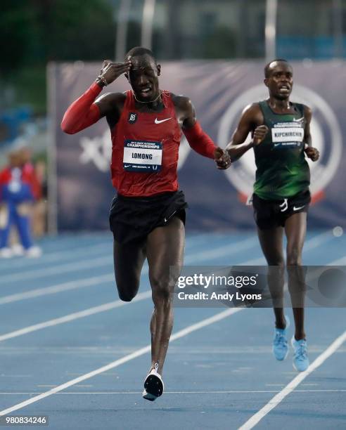 Lopez Lomong runs to victory in the Mens 10,000 Meter final at the 2018 USATF Outdoor Championships at Drake Stadium on June 21, 2018 in Des Moines,...