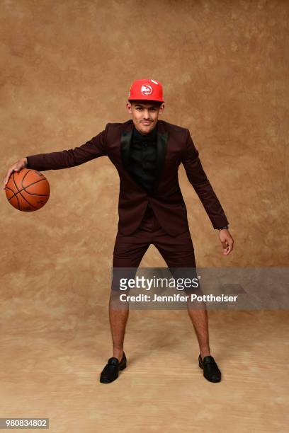 Trae Young poses for a portrait after being drafted by the Atlanta Hawks during the 2018 NBA Draft on June 21, 2018 at Barclays Center in Brooklyn,...