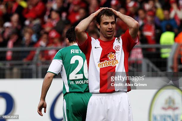 Andreas Ivanschitz of Mainz reacts during the Bundesliga match between FSV Mainz 05 and VfL Wolfsburg at the Bruchweg Stadium on March 27, 2010 in...