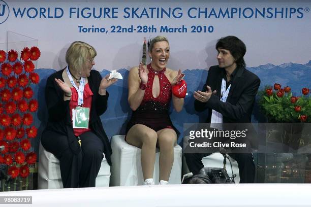 Jenna McCorkell of Great Britain reacts after seeing her score in the Ladies Free Skate during the 2010 ISU World Figure Skating Championships on...