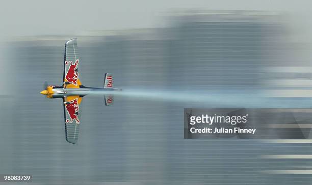 Peter Besenyei of Hungary in action during the Red Bull Air Race day on March 27, 2010 in Abu Dhabi, United Arab Emirates.