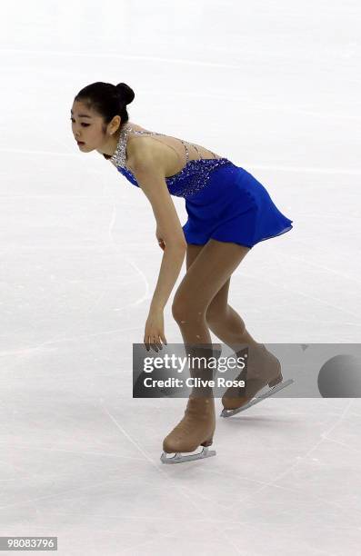 Yu-Na Kim of Korea recovers after falling during the Ladies Free Skate at the 2010 ISU World Figure Skating Championships on March 27, 2010 at the...