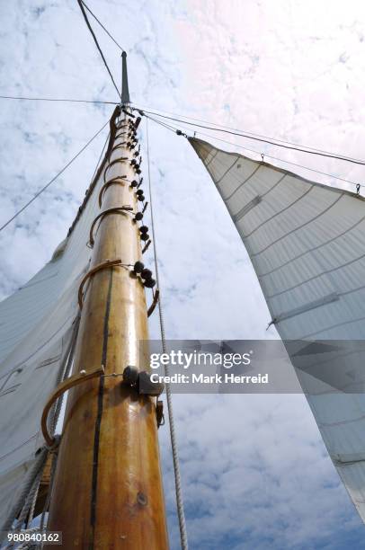 jib and wooden mast of schooner sailboat - jib imagens e fotografias de stock