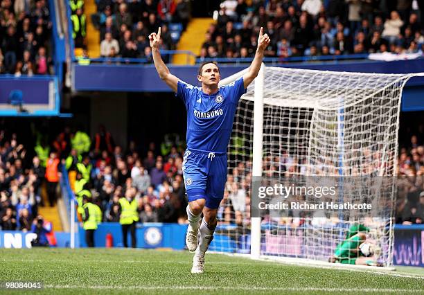 Frank Lampard of Chelsea celebrates scoring the opening goal during the Barclays Premier League match between Chelsea and Aston Villa at Stamford...