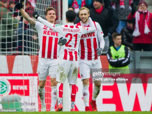 March 2018, Germany, Cologne: Football, Bundesliga, 1. FC Cologne vs Bayer Leverkusen at the RheinEnergieStadion. Cologne's Simon Zoller celebrates...