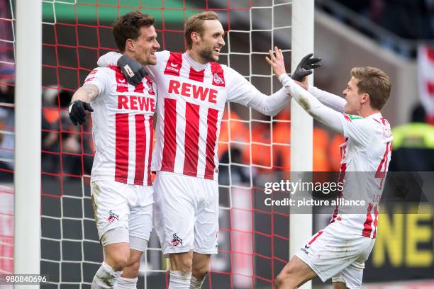 March 2018, Germany, Cologne: Football, Bundesliga, 1. FC Cologne vs Bayer Leverkusen at the RheinEnergieStadion. Cologne goalscorer Simon Zoller ,...