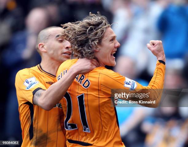 Jimmy Bullard of Hull celebrates after scoring the opening goal during the Barclays Premier League match between Hull City and Fulham at the KC...