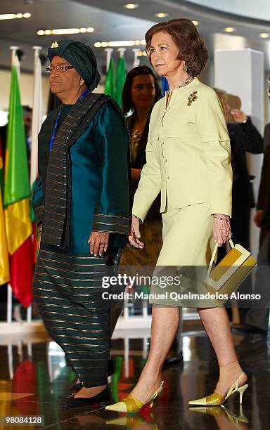 Queen Sofia of Spain and Liberian President Ellen Johnson-Sirleaf attend the opening of the two-day conference on 'Spanish and African Women for a...
