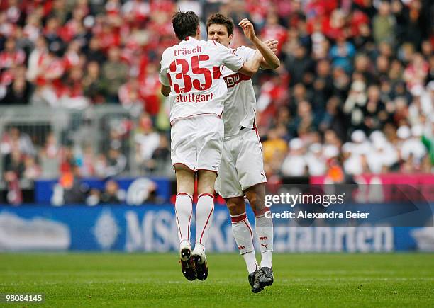 Christian Traesch and Zdravko Kuzmanovic of Stuttgart celebrate Traesch's first goal during the Bundesliga match between FC Bayern Muenchen and VfB...