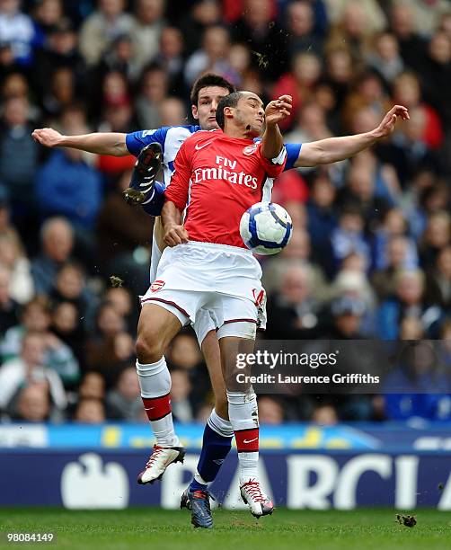 Theo Walcott of Arsenal battles with Scott Dann of Birmingham City during the Barclays Premier League match between Birmingham City and Arsenal at...