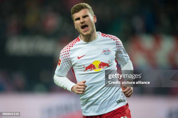 March 2018, Germany, Leipzig: Soccer, Bundesliga, 1. RB Leipzig vs Bayern Munich at the Red Bull Arena. Leipzig's Timo Werner celebrating his goal...