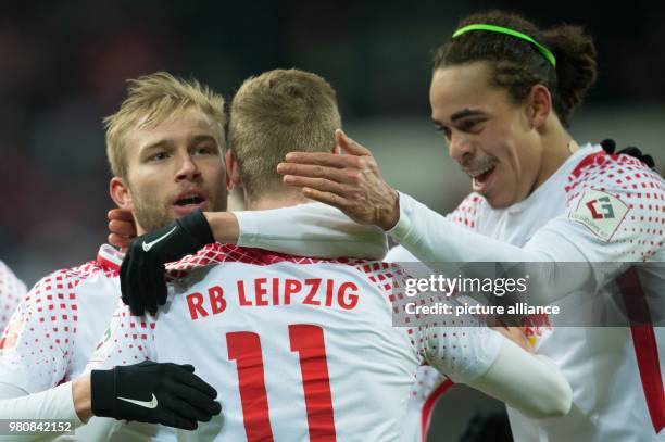 March 2018, Germany, Leipzig: Soccer, Bundesliga, 1. RB Leipzig vs Bayern Munich at the Red Bull Arena. Leipzig's Timo Werner celebrating his goal...