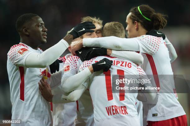 March 2018, Germany, Leipzig: Soccer, Bundesliga, 1. RB Leipzig vs Bayern Munich at the Red Bull Arena. Leipzig's Timo Werner celebrating his goal...