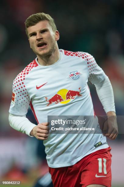 March 2018, Germany, Leipzig: Soccer, Bundesliga, 1. RB Leipzig vs Bayern Munich at the Red Bull Arena. Leipzig's Timo Werner celebrating his goal...