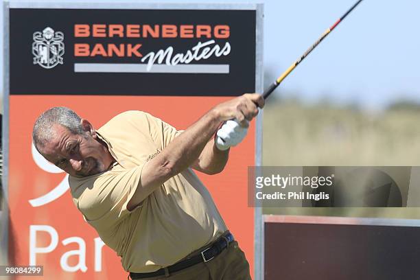 Sam Torrance of Scotland in action during the second round of the Berenberg Bank Masters played over The Links at Fancourt on March 27, 2010 in...