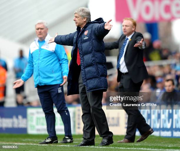 Arsene Wenger of Arsenal makes his feelings known from the touchline in front of Alex McLeish of Birmingham City during the Barclays Premier League...