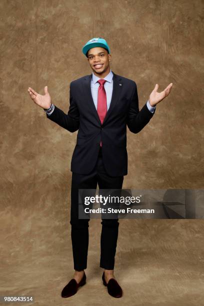 Miles Bridges poses for a portrait after being drafted by the Charlotte Hornets during the 2018 NBA Draft on June 21, 2018 at Barclays Center in...