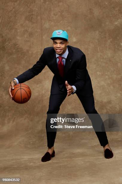 Miles Bridges poses for a portrait after being drafted by the Charlotte Hornets during the 2018 NBA Draft on June 21, 2018 at Barclays Center in...