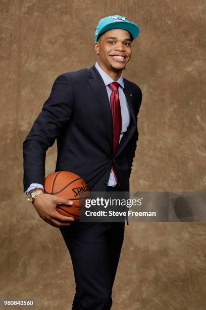 Miles Bridges poses for a portrait after being drafted by the Charlotte Hornets during the 2018 NBA Draft on June 21, 2018 at Barclays Center in...